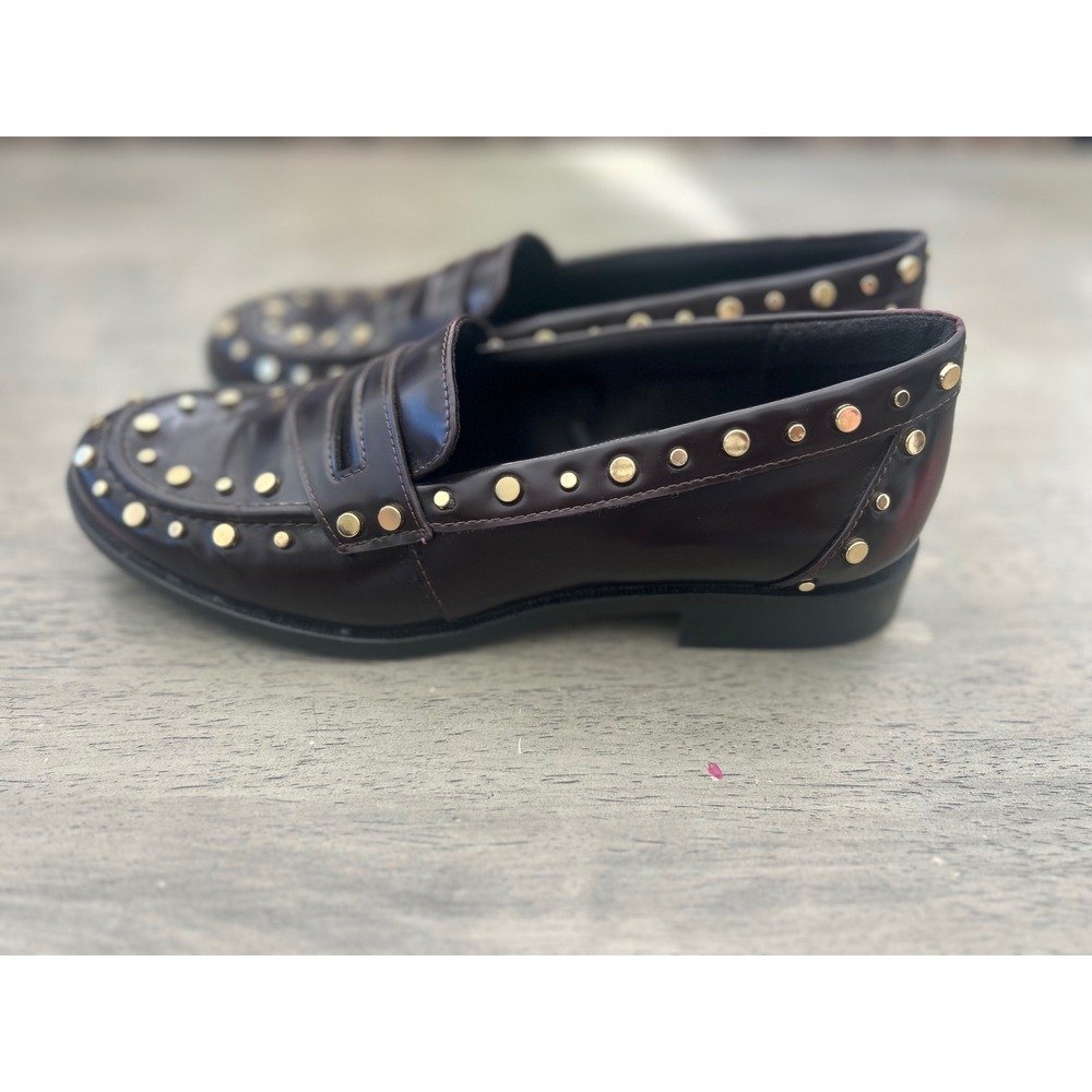 Zara Burgundy Studded Penny Loafers Oxblood Gold Studs Flat Shoes EU 36